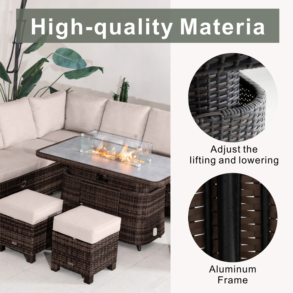 Direct Wicker Brown 8 Seater Rattan Garden Corner Sofa Set with Rising Fire Pit Table and Ottomans Image 5