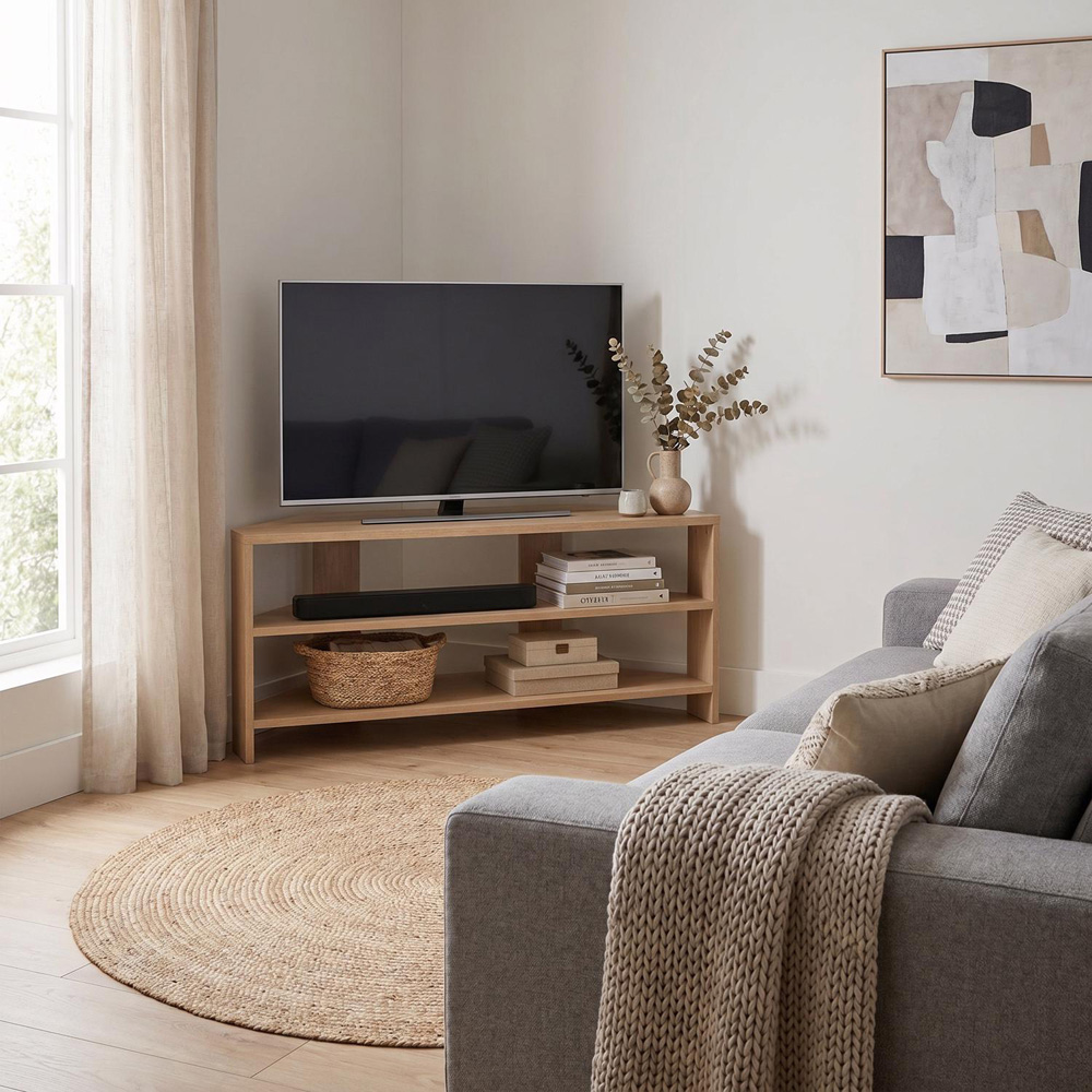 FWStyle Promo 2 Shelf Oak Corner TV Unit Image 5
