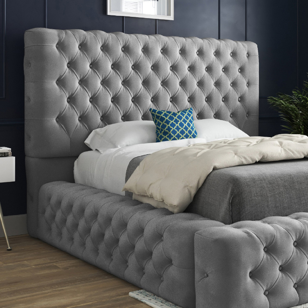 Grand Milan Grey Small Double Upholstered Bed Frame with Pleated Chesterfield Headboard Image 3