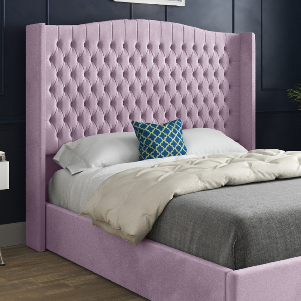 Rana Super King Size Pink Soft Velvet Upholstered Bed Frame with Curved Top Winged Headboard Image 3
