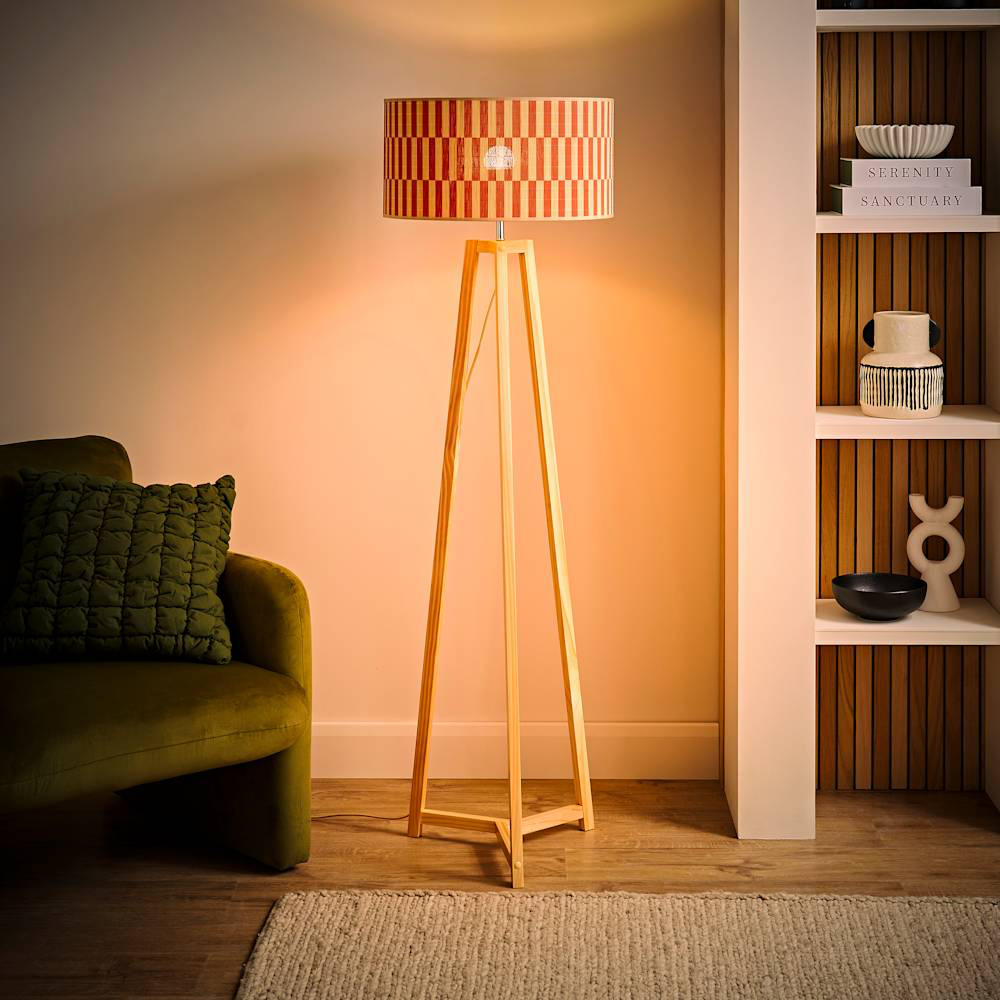 ValueLights Lottie Orange Checkerboard Bamboo Shade Wooden Tripod LED Floor Lamp with Bulb Image 2