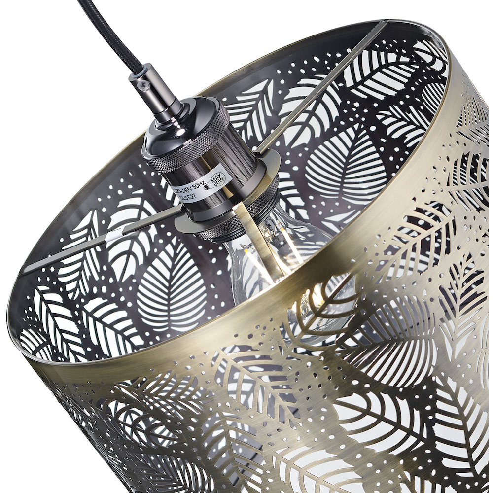 Happy Homewares Antique Brass Metal Pendant Shade with Fern Leaf Decoration Image 4