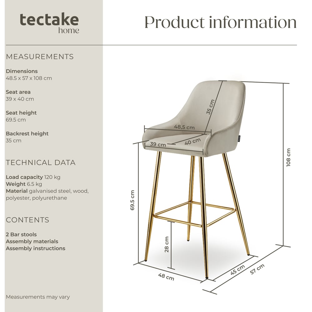 tectake Avane Velvet Bar Stool with Backrest Set of 2 Image 8