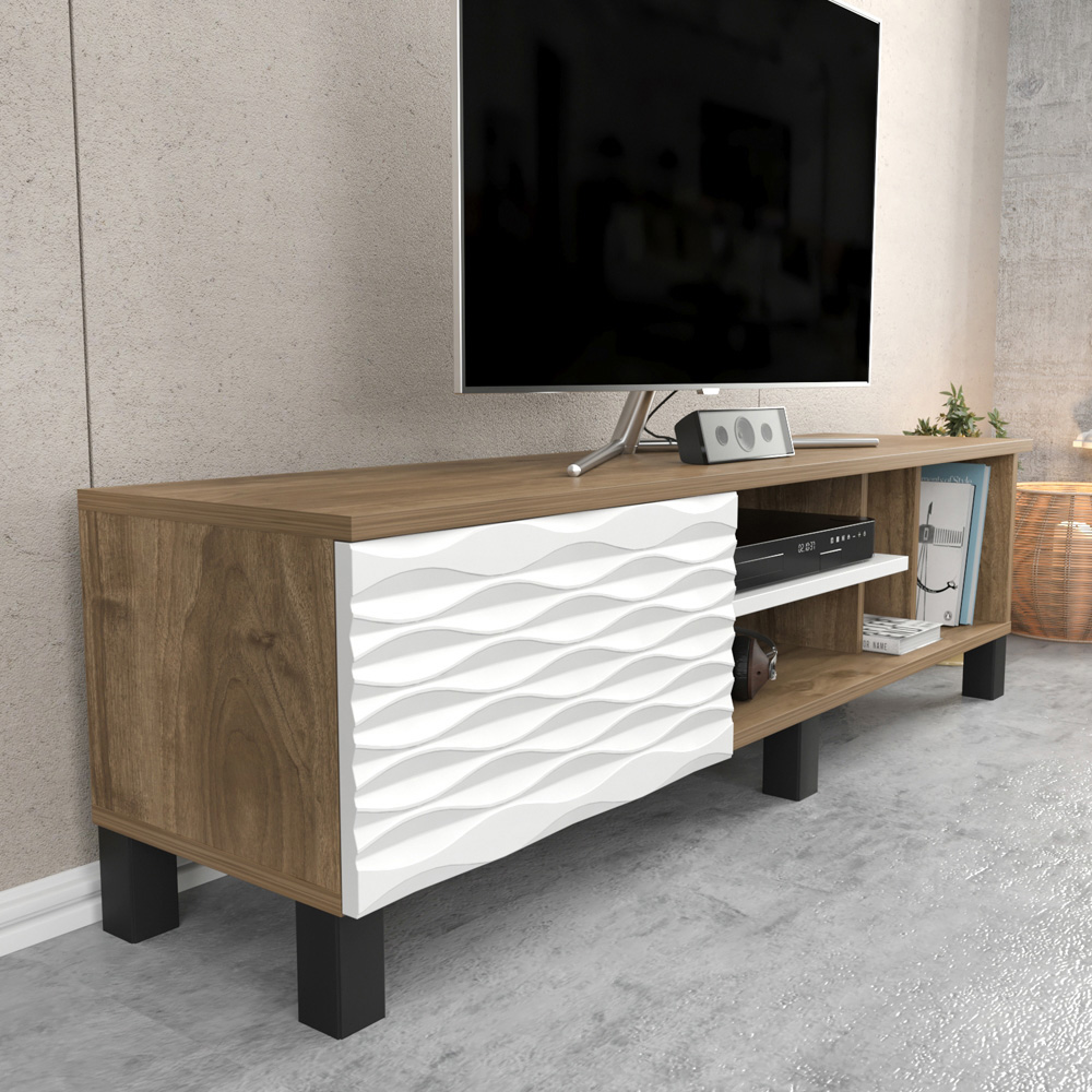 Decorotika Olyo Single Door 4 Shelf Walnut and White TV Unit Image 4