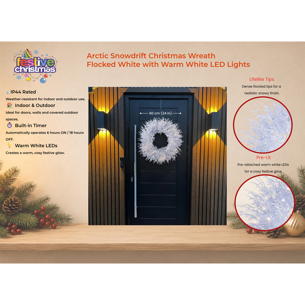 Festive Christmas 50 Warm White LED Arctic Snowdrift Christmas Wreath 60cm Image 5
