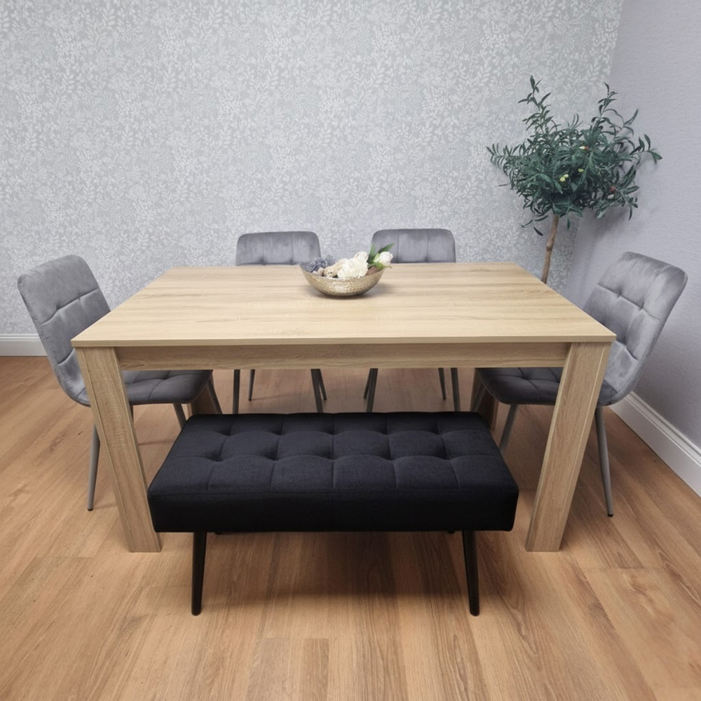 Portland 5 Seater Velvet Wooden Dining Set with Bench Oak Effect Grey and Black Image 5