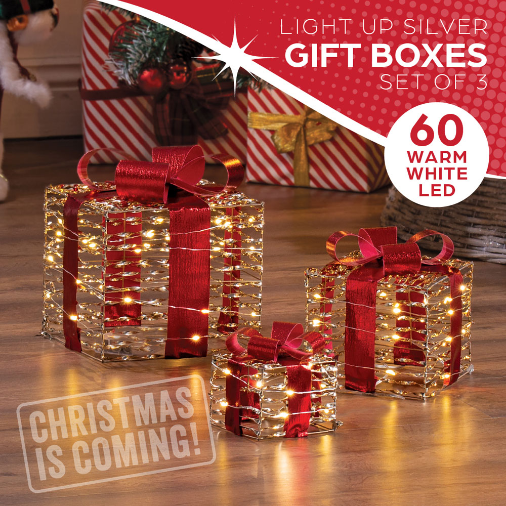 The Christmas Workshop 60 Warm White LED Gold and Red Gift Box Decoration Set of 3 Image 4