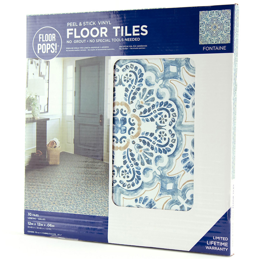 Floorpops Fontaine Blue Tan and White Peel and Stick Floor Tile 30.48 x 30.48cm 10 Pack Image 3
