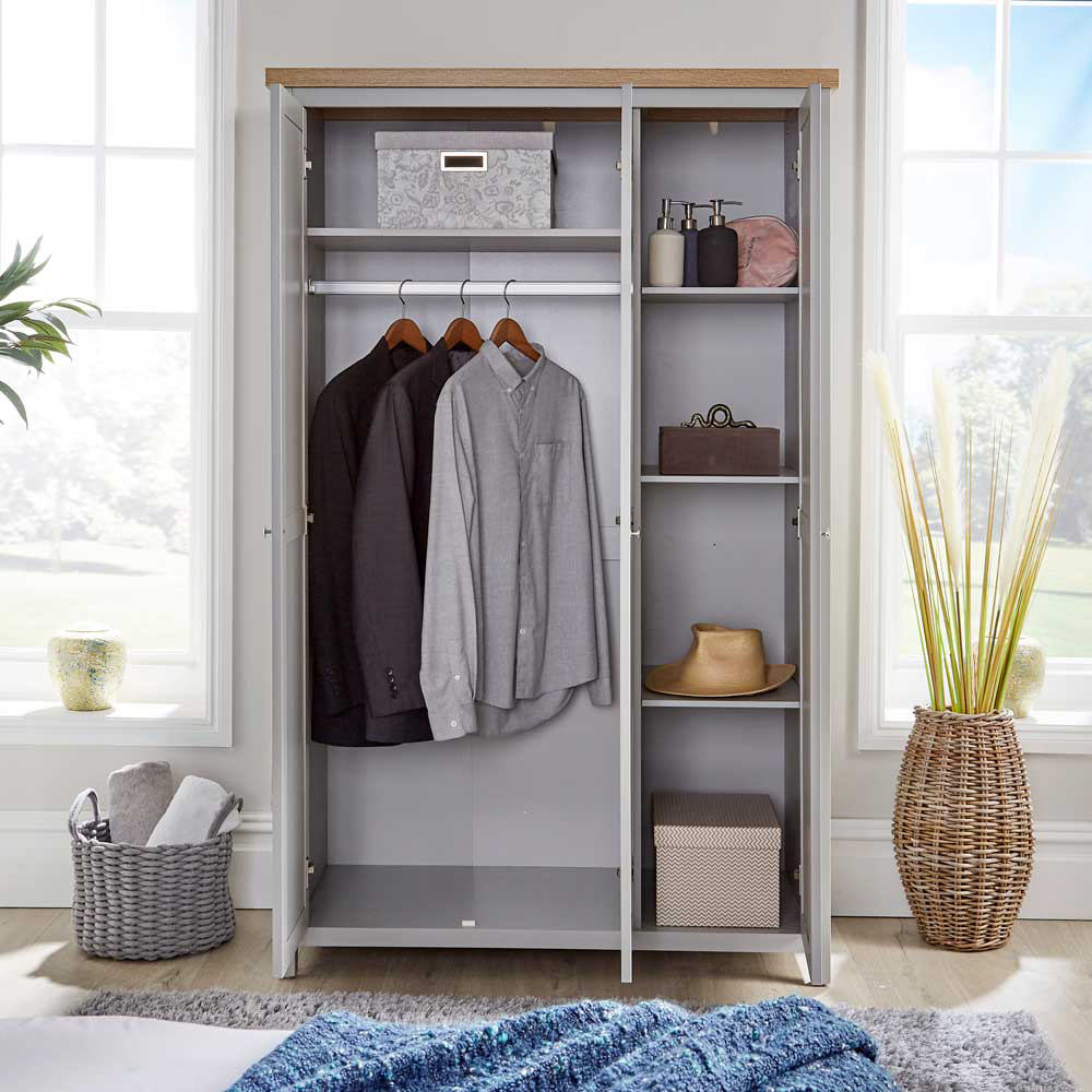 Home Source Avon 3 Door Light Grey with Oak Top Wardrobe Image 8