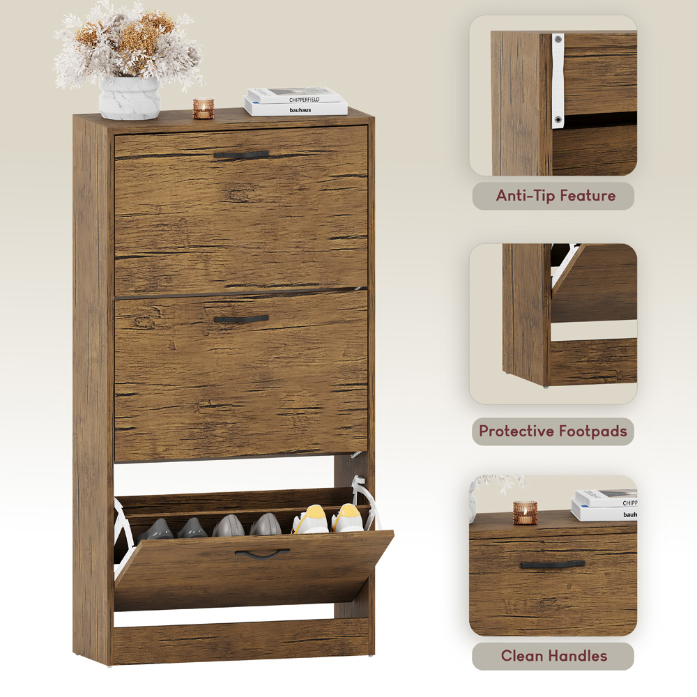 Vida Designs 3 Drawer Antique Brown Shoe Cabinet Image 5