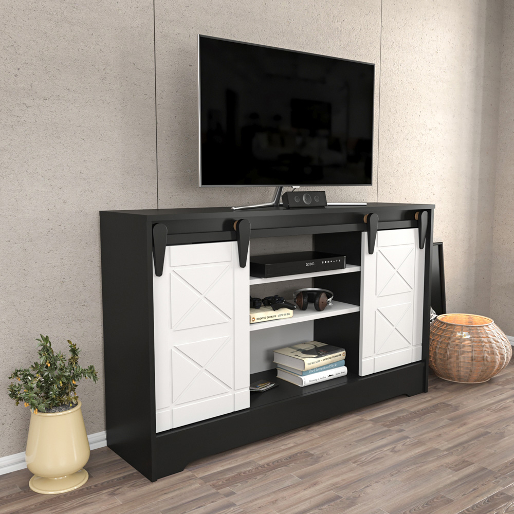 Decorotika Nisay 2 Door 3 Shelf Dark Grey and White TV Unit Image 4