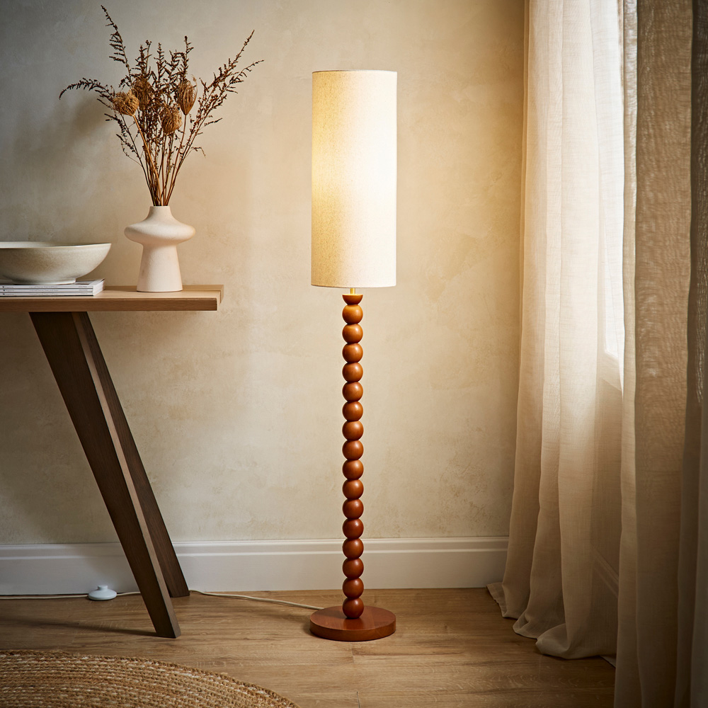 ValueLights Wyatt Natural Linen Tall Lamp Shade Walnut Wood Bobbin LED Floor Lamp Image 2