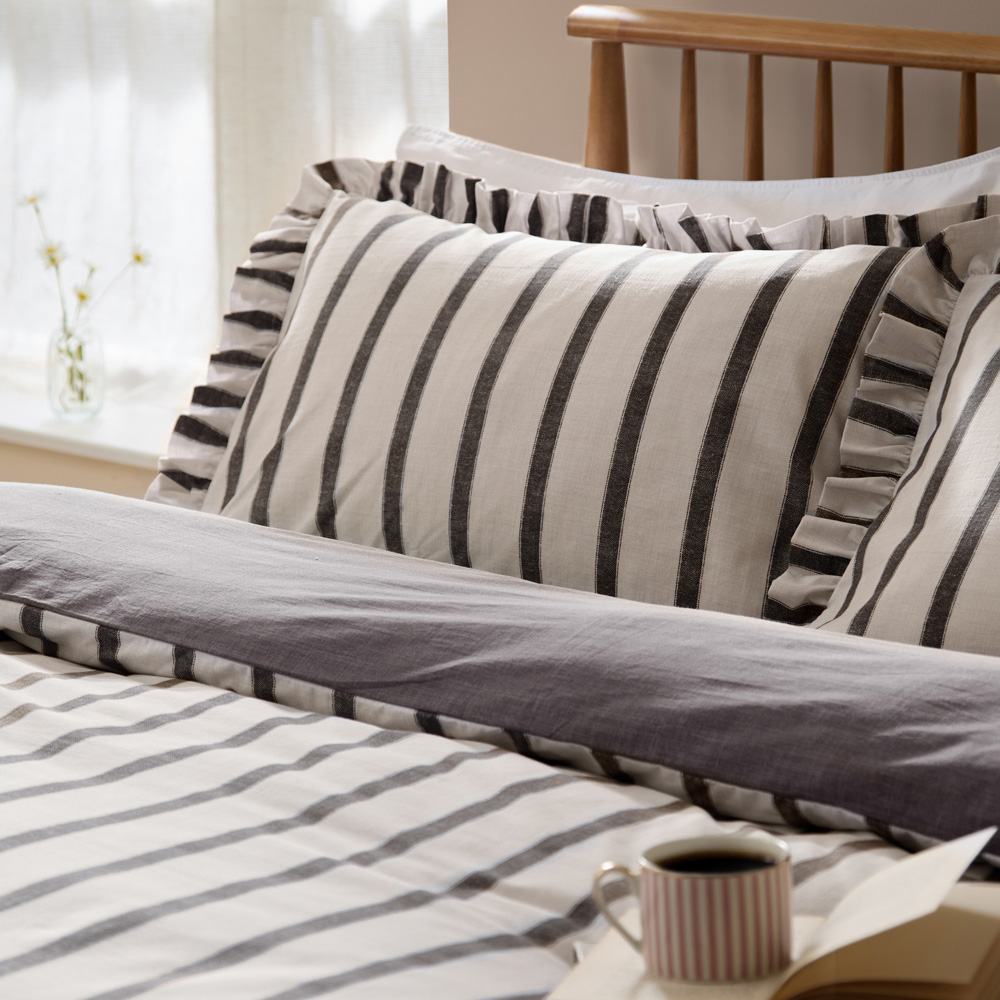 Wylder Nature Connie Chocolate Super King Size Striped Ruffle Duvet Set Image 2