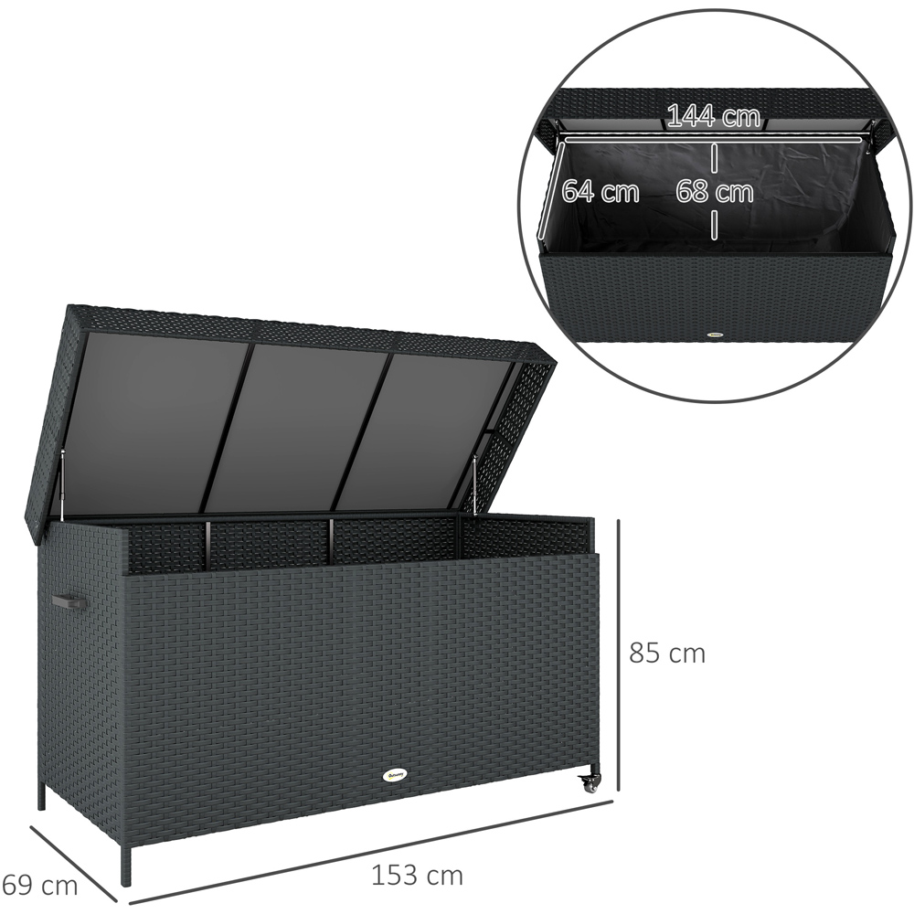 Outsunny Black Rattan Garden Storage Box with Gas Lift Lid and Wheels 627L Image 9
