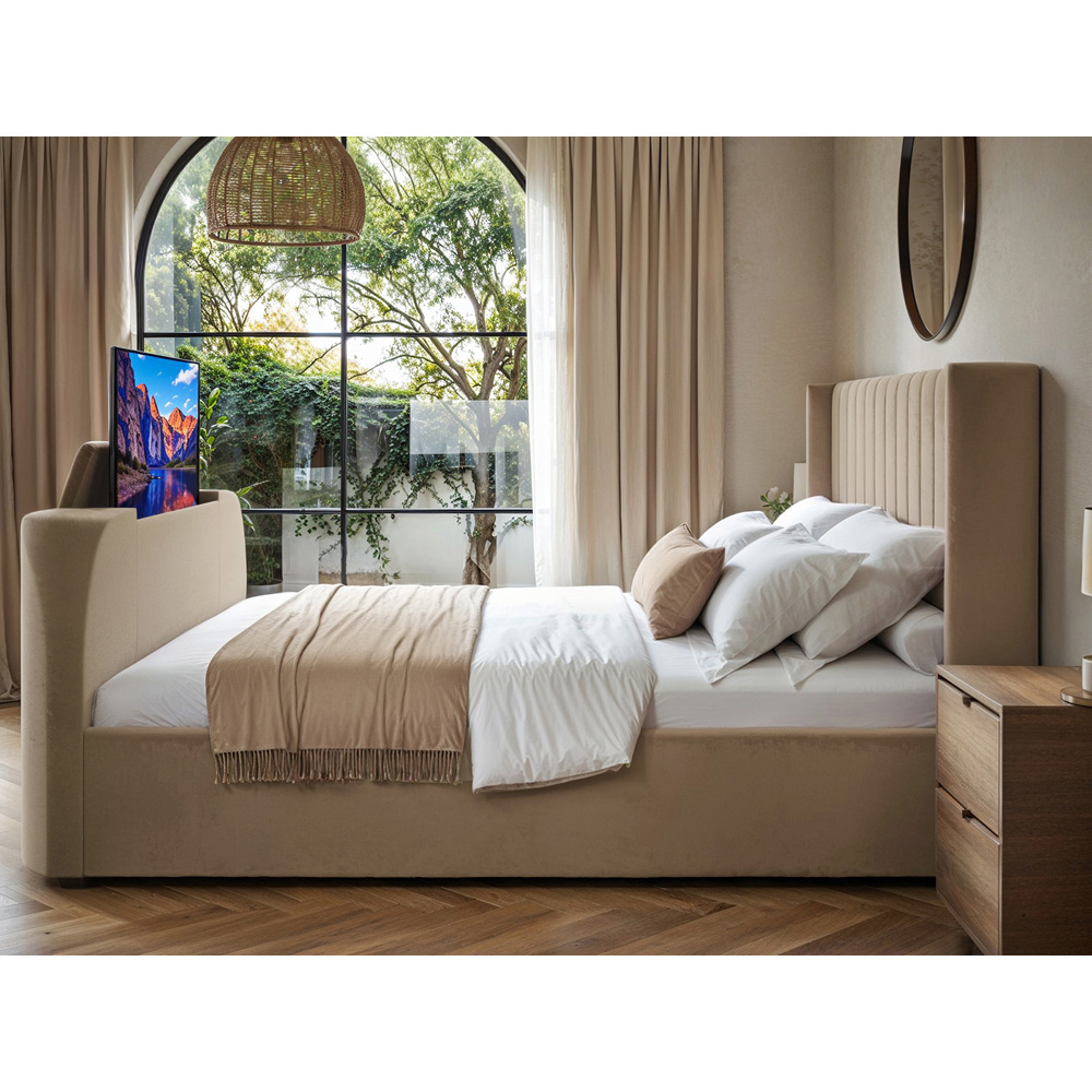 Flair Fallon King Size Beige Velvet TV Side Lift Ottoman Bed Image 6