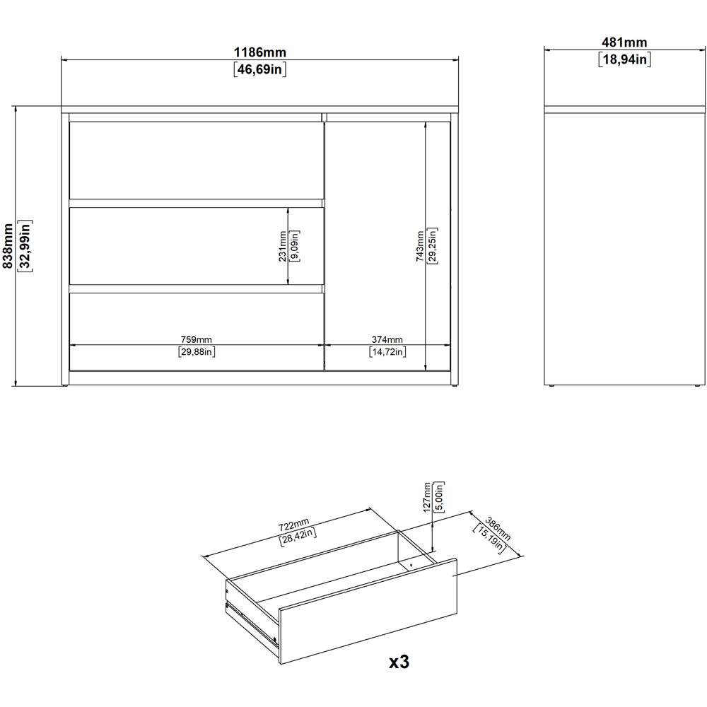 Florence Next Single Door 3 Drawer White Sideboard Image 7