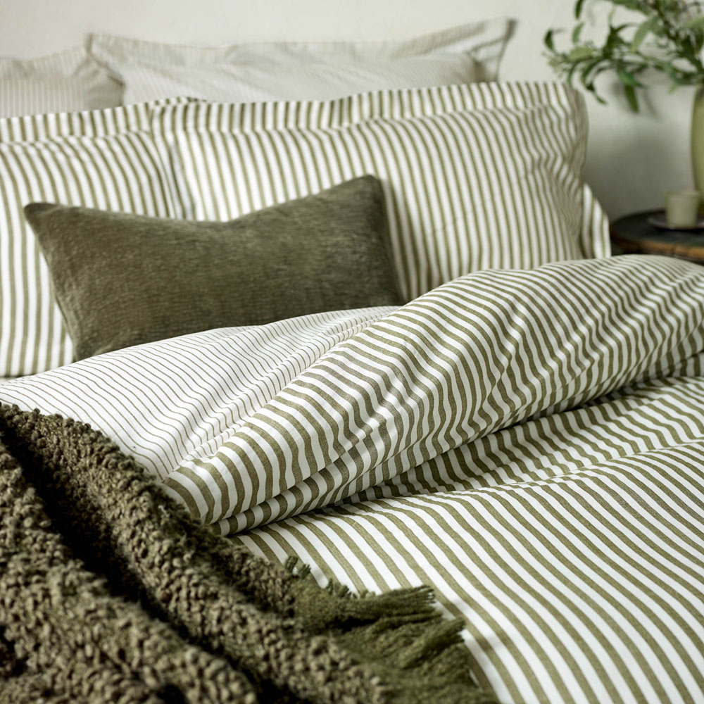 Yard Hebden King Size Melange Stripe Cotton Olive Duvet Set Image 2