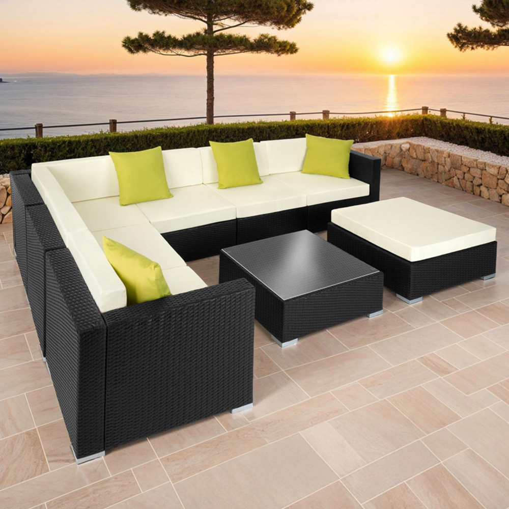 tectake Marbella 7 Seater Black Rattan Garden Corner Lounge Set Image 1
