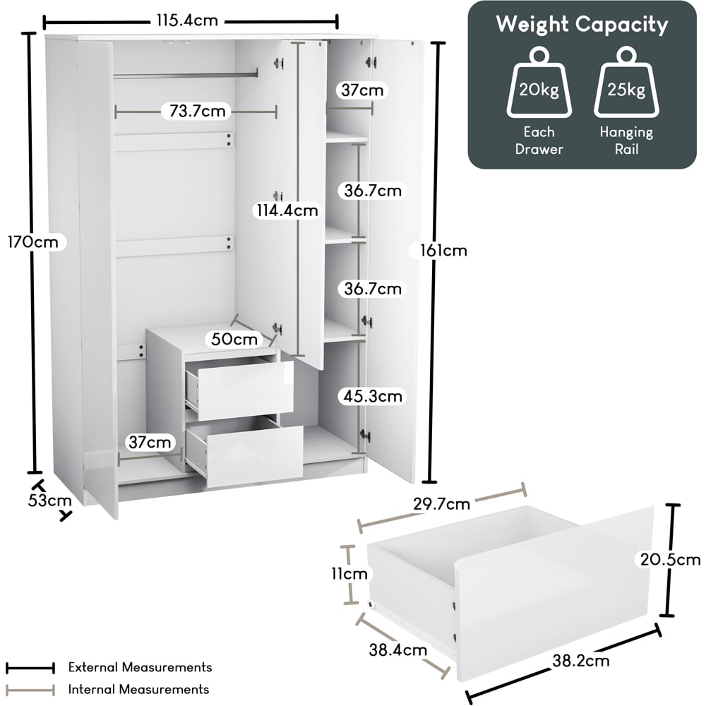 Vida Designs Glinton 3 Door 2 Drawer White Wardrobe Image 9