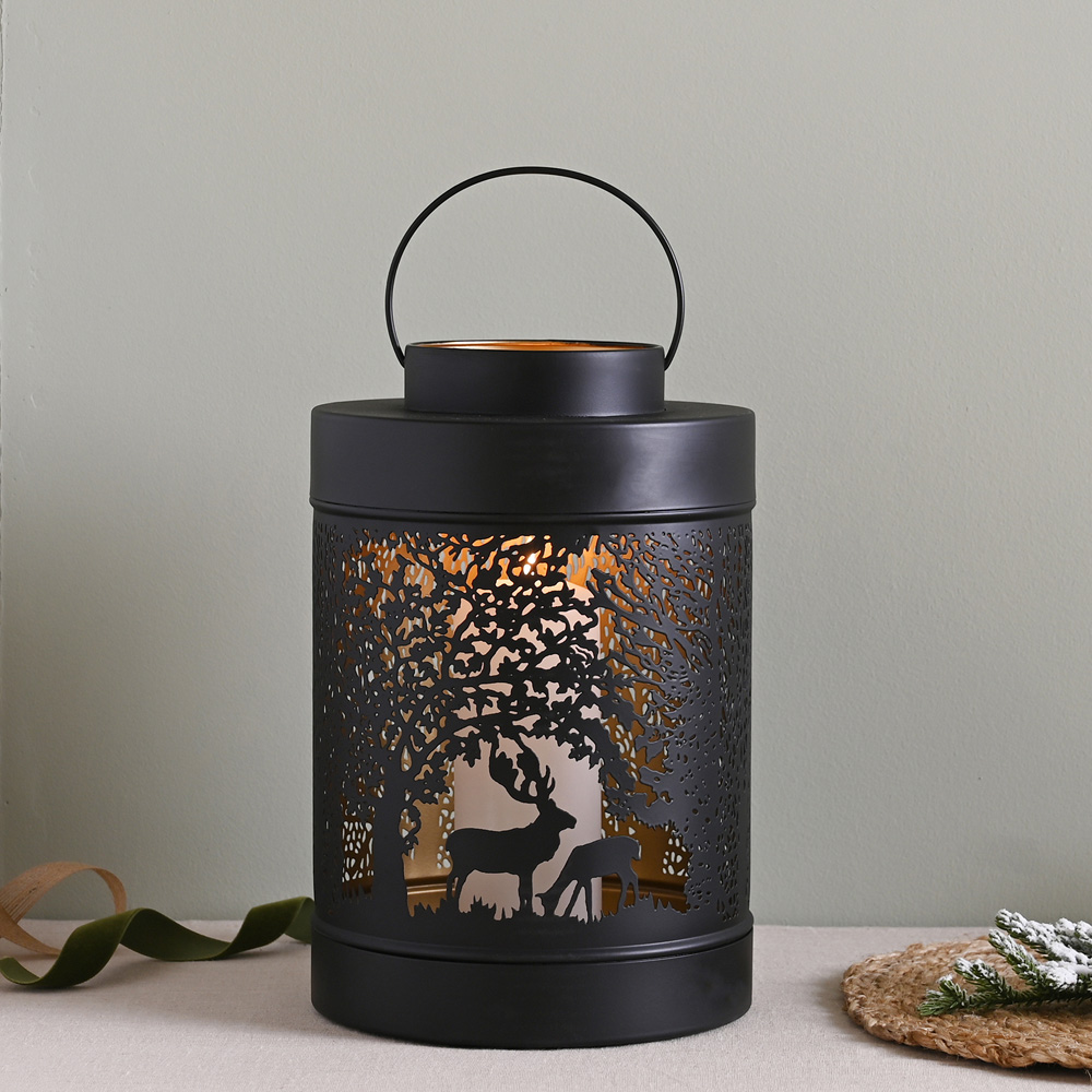 The Christmas Gift Co Black Large Round Forest Scene Lantern Image 2