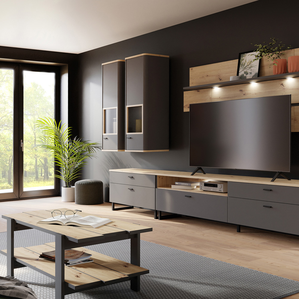 Florence Klara Single Door Grey and Oak Glass Display Cabinet with LED Lighting Image 7