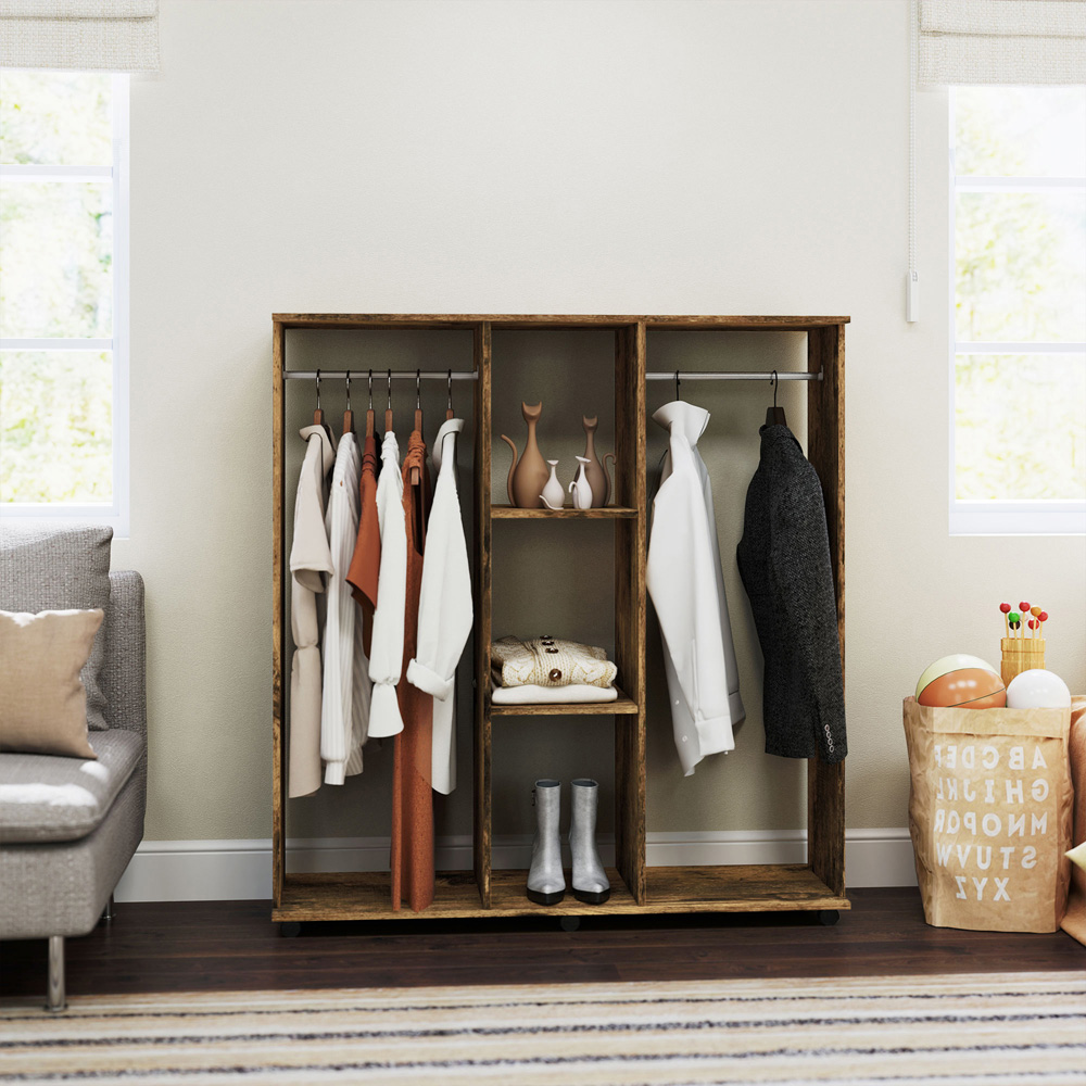 Portland 3 Shelf Rustic Brown Double Open Wardrobe with Hanging Rail Image 5