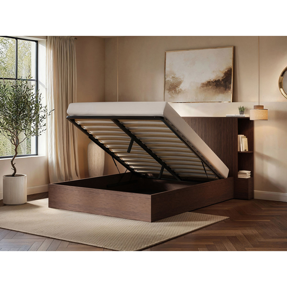 SOLACE+CO Zora Double Walnut Lift-Up Ottoman Bed with Headboard Shelf Image 5