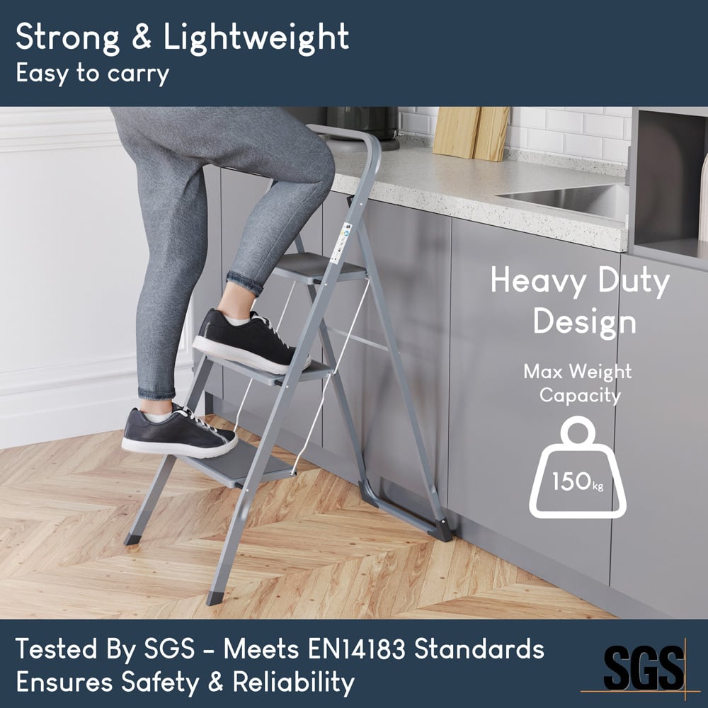 Home Vida 3 Step Grey Ladder with Anti Slip Mat Image 4