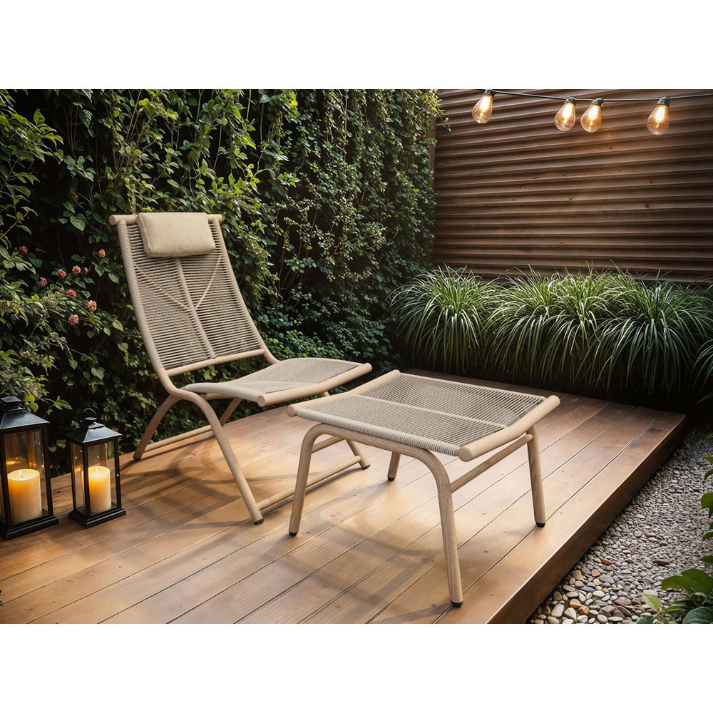 SOLACE+CO Esen Set of 2 Beige Garden Lounge Chairs with Footstool Image 4