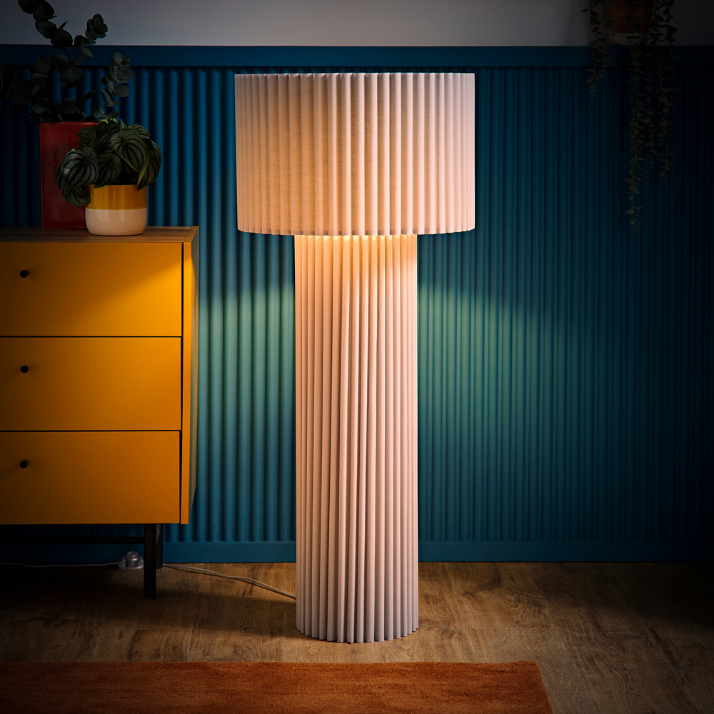 ValueLights Lenny Stone Grey Drum Lamp Shade Ribbed Fabric Midi LED Floor Lamp Image 6
