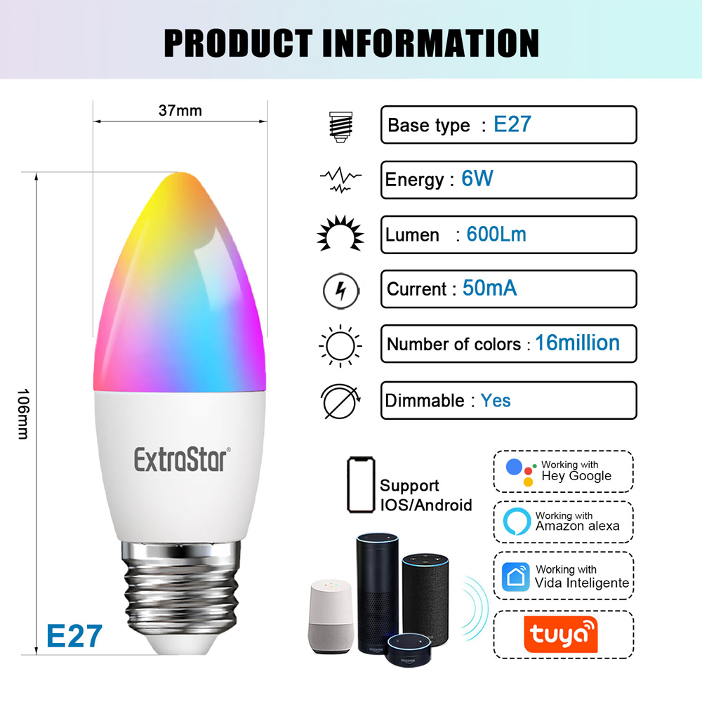 ExtraStar 2 Pack E27 Multicolour 6W WiFi LED Smart Light bulb Image 2