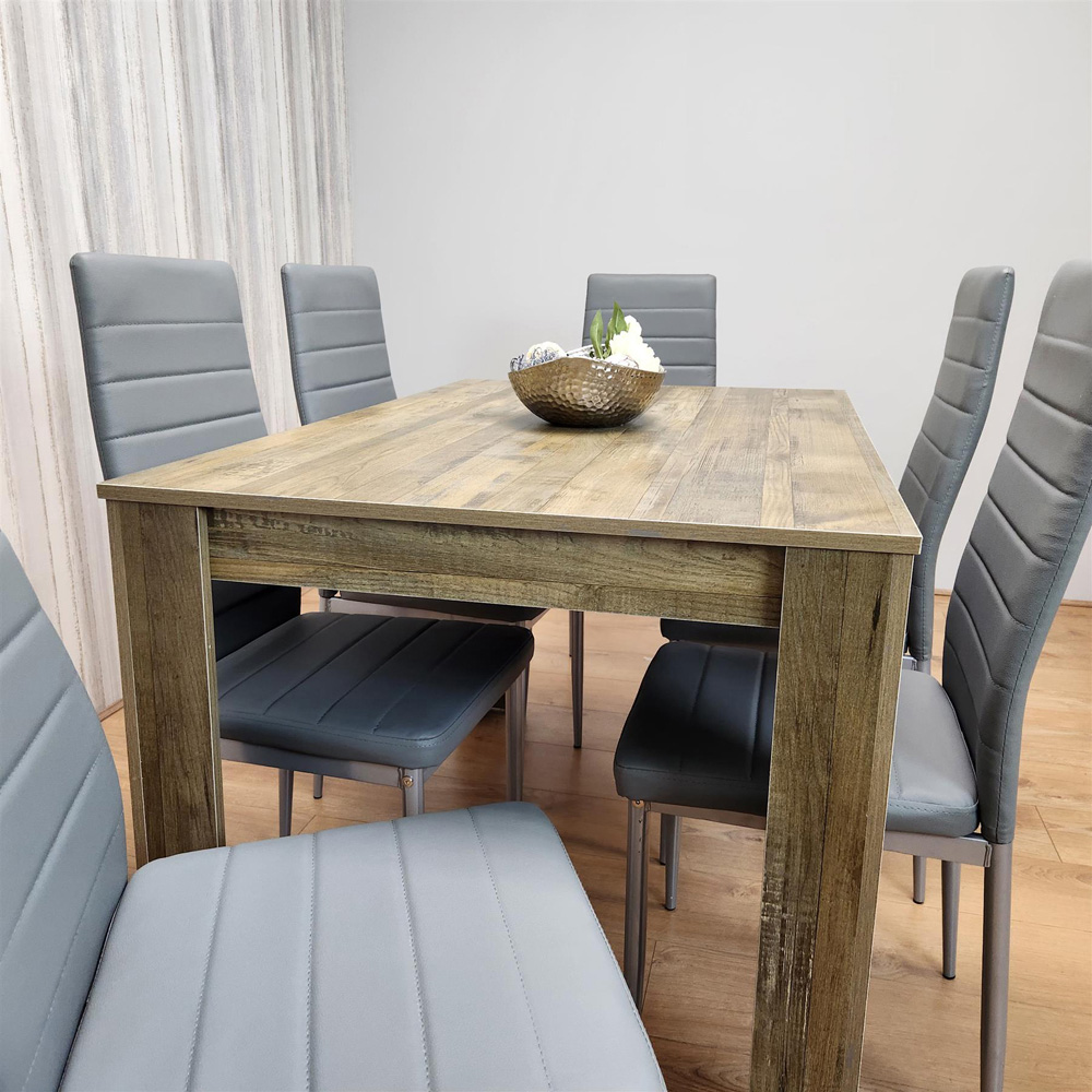 Portland 6 Seater Dining Set Rustic Effect and Grey Leather Image 3