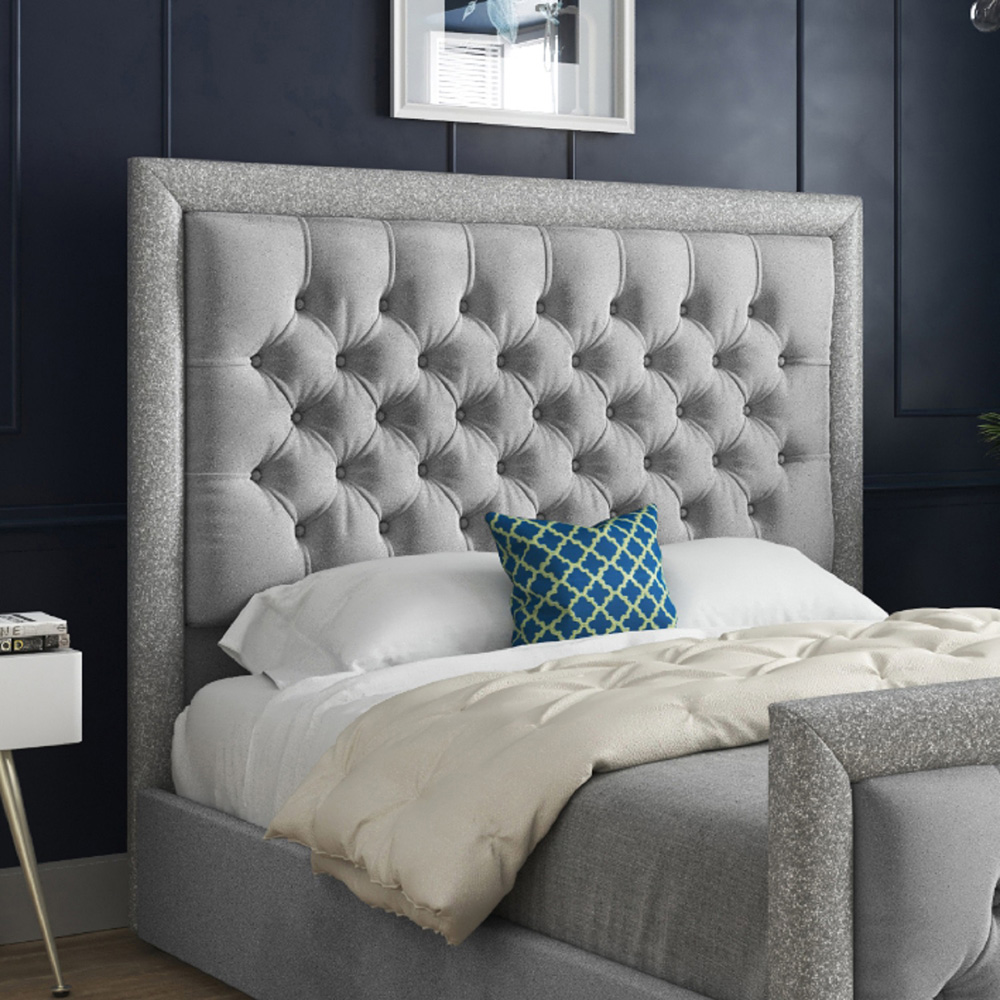 Venice Double Grey Soft Velvet Upholstered Bed Frame with Glitter Border Headboard Image 3