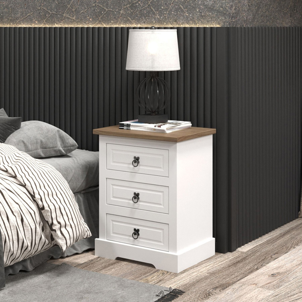 Home Source Corona 3 Drawer White Bedside Table with Waxed Pine Top Image 3