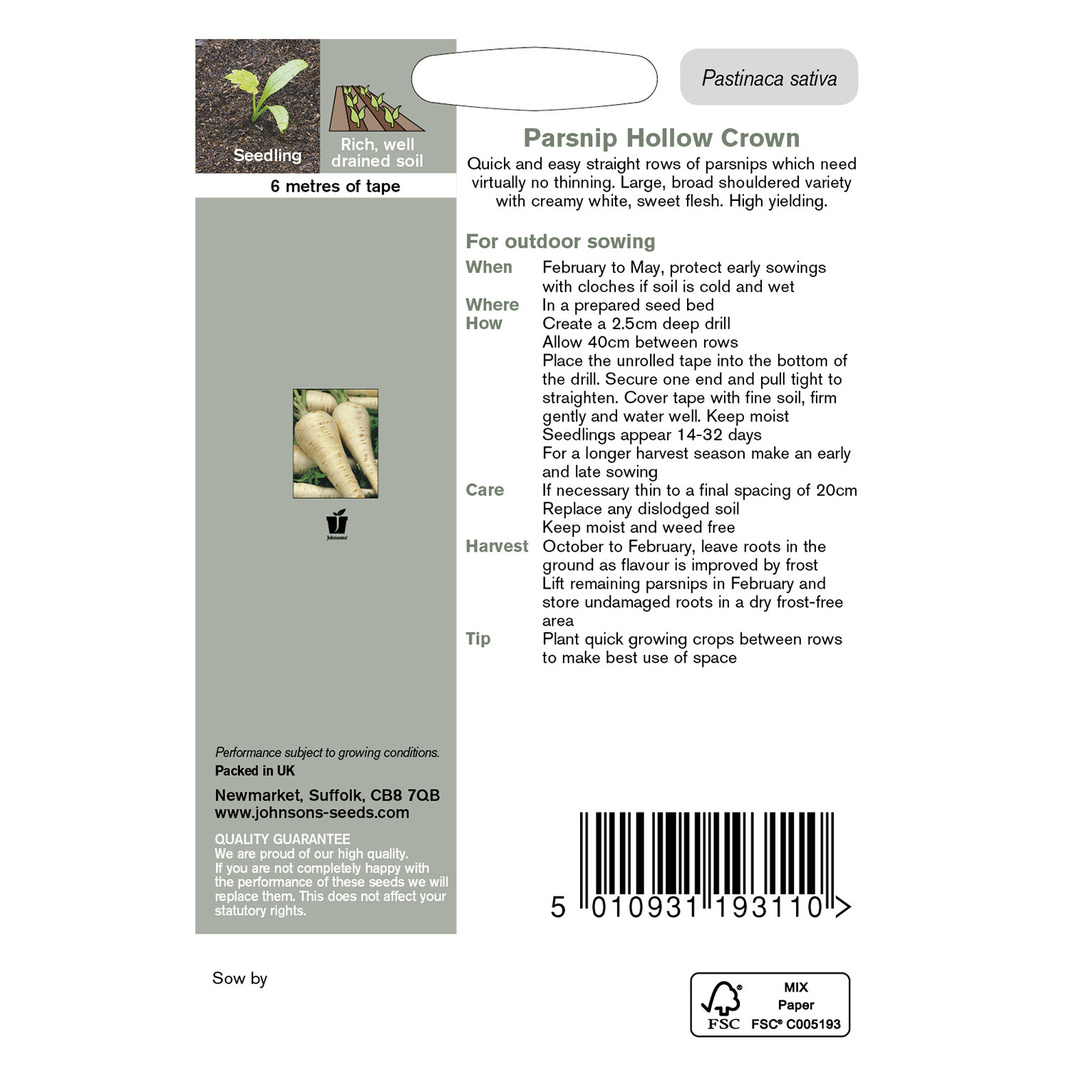 Johnsons Pack of Hollow Crown Parsnip Seed Tape Image 2