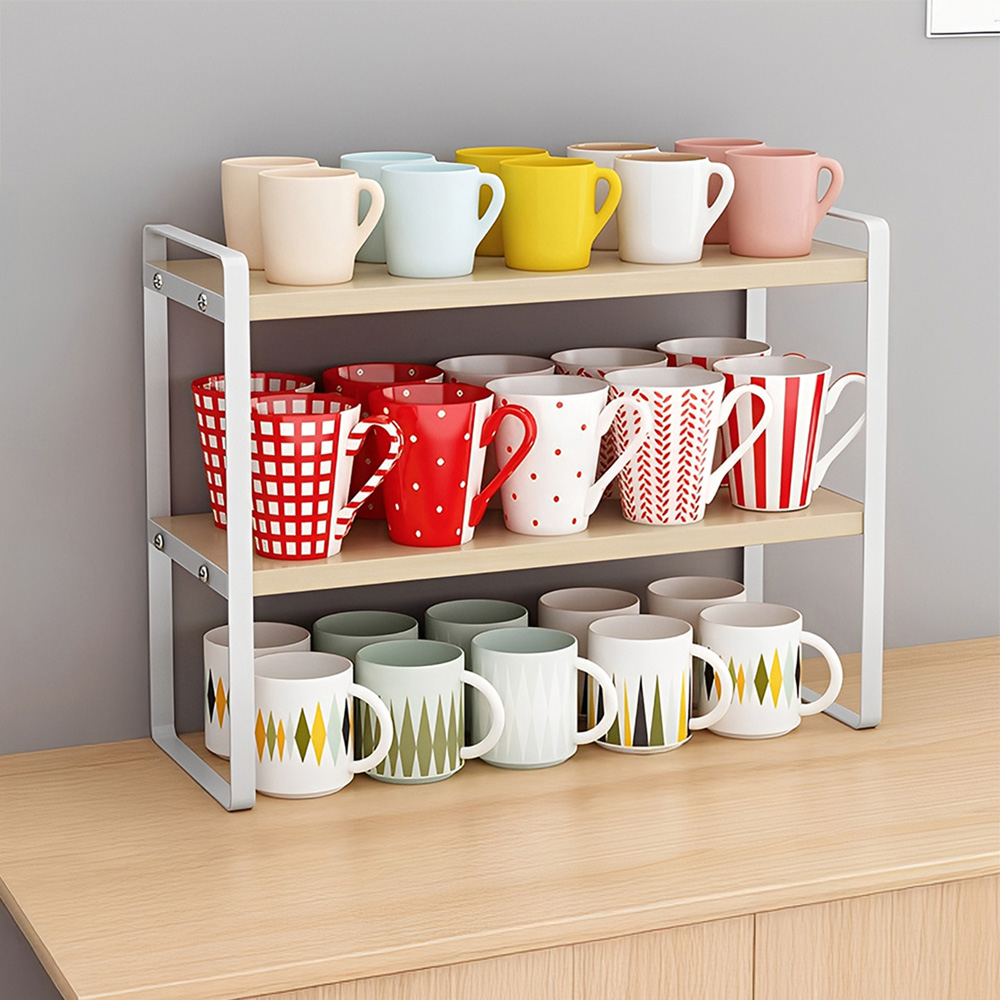 Living and Home 2-Tier Natural Wood Grain Countertop Storage Shelf with Metal Frame Image 2