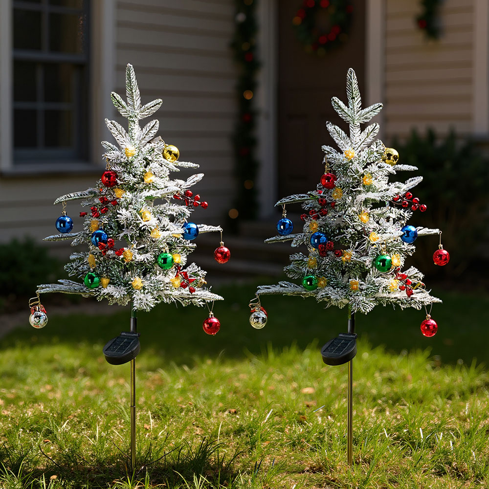 Living and Home Pre-Lit Solar-Powered Snow Dusted Artificial Christmas Tree 2.7ft 2 Pack Image 2