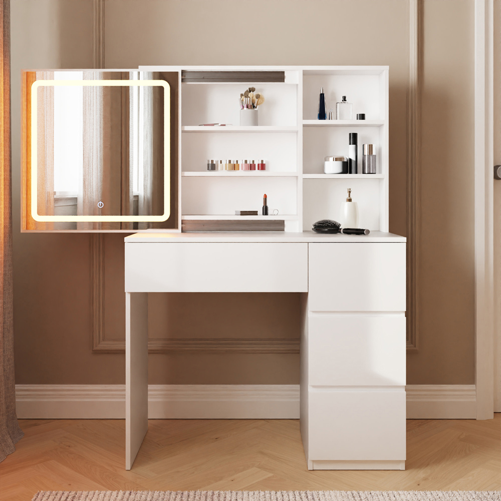 GFW Maeve 4 Drawer 3 Shelf White Dressing Table with Sliding LED Mirror Image 7