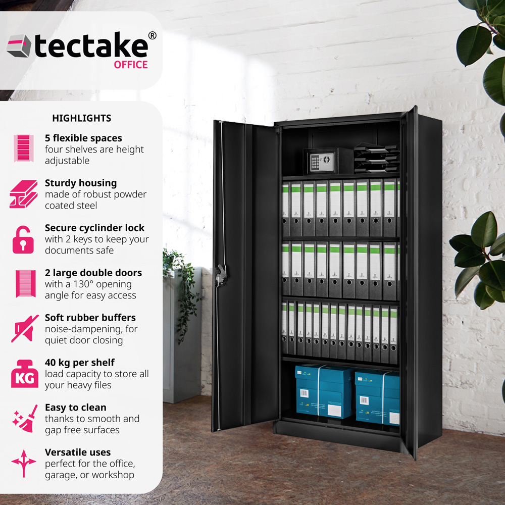 tectake Blain 2 Door 5 Shelf Black Lockable Filing Cabinet Image 5