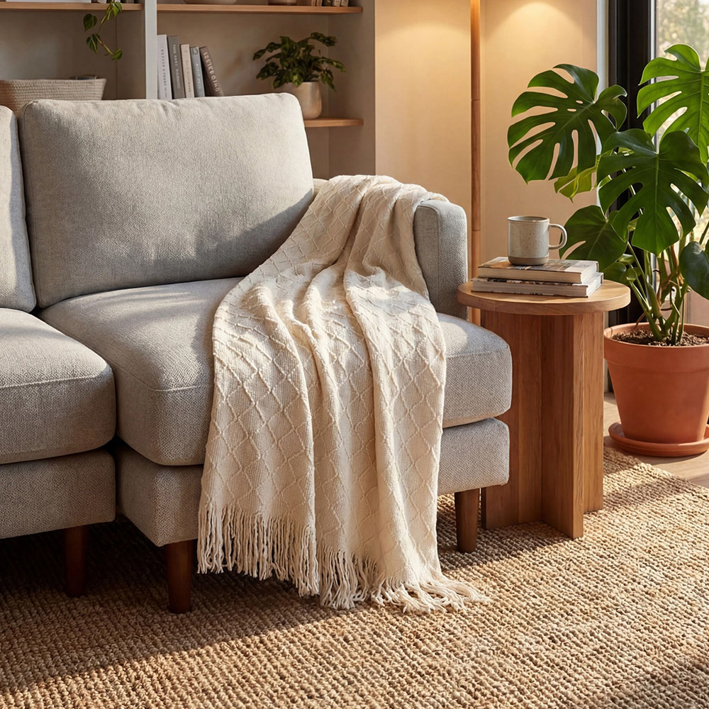 Living and Home Beige Diamond Knit Throw Blanket with Tassels 130 x 170cm Image 7