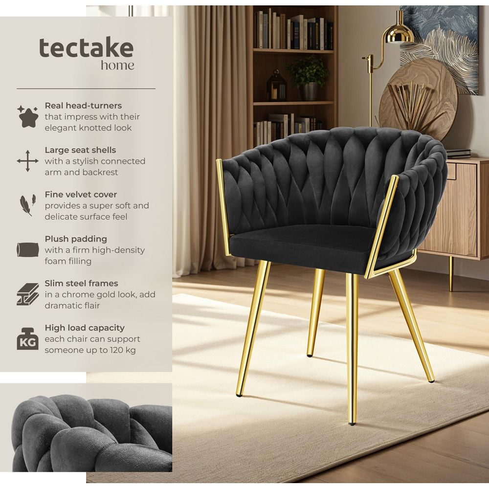 tectake Astano Set of 4 Black and Gold Velvet Padded Knot Design Dining Chair Image 3