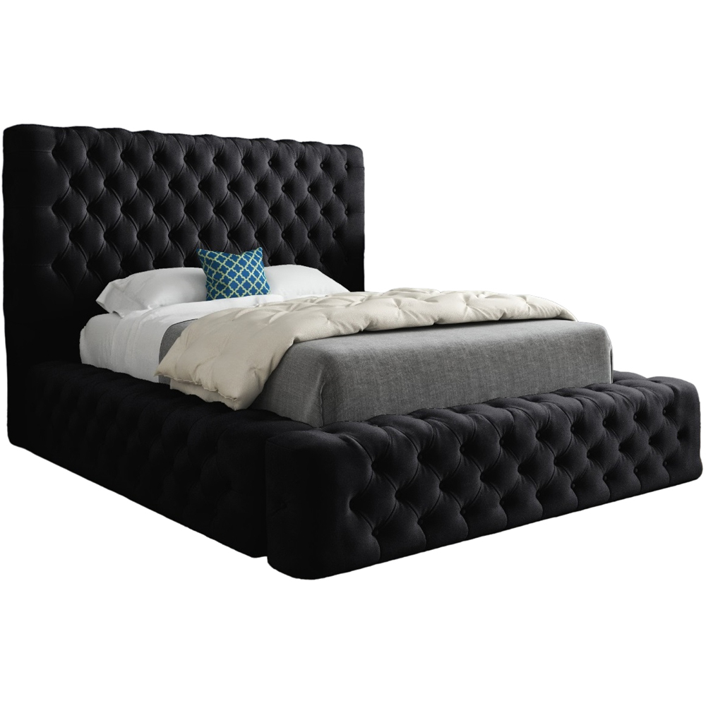 Grand Milan Black Small Double Upholstered Bed Frame with Pleated Chesterfield Headboard Image 2