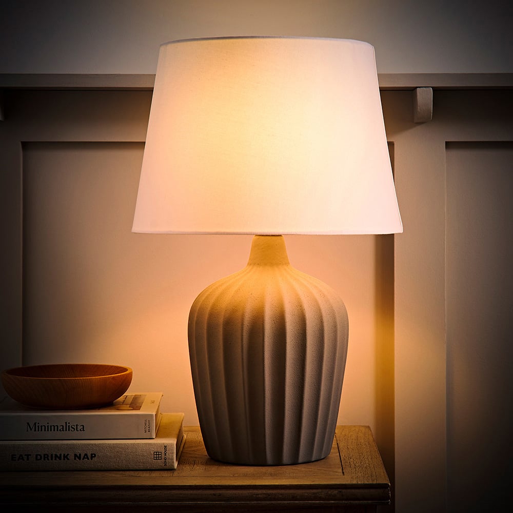 ValueLights Serena Natural Tapered Linen Lamp Shade Ribbed Ceramic Grey LED Table Lamp Image 2
