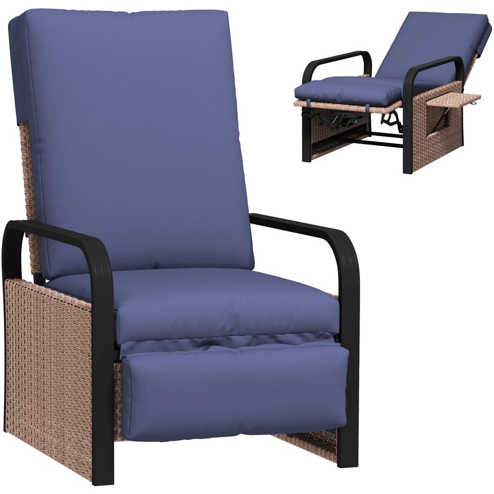 Outsunny Brown and Blue Rattan Garden Recliner Chair Sun Lounger with Side Tray Image 2