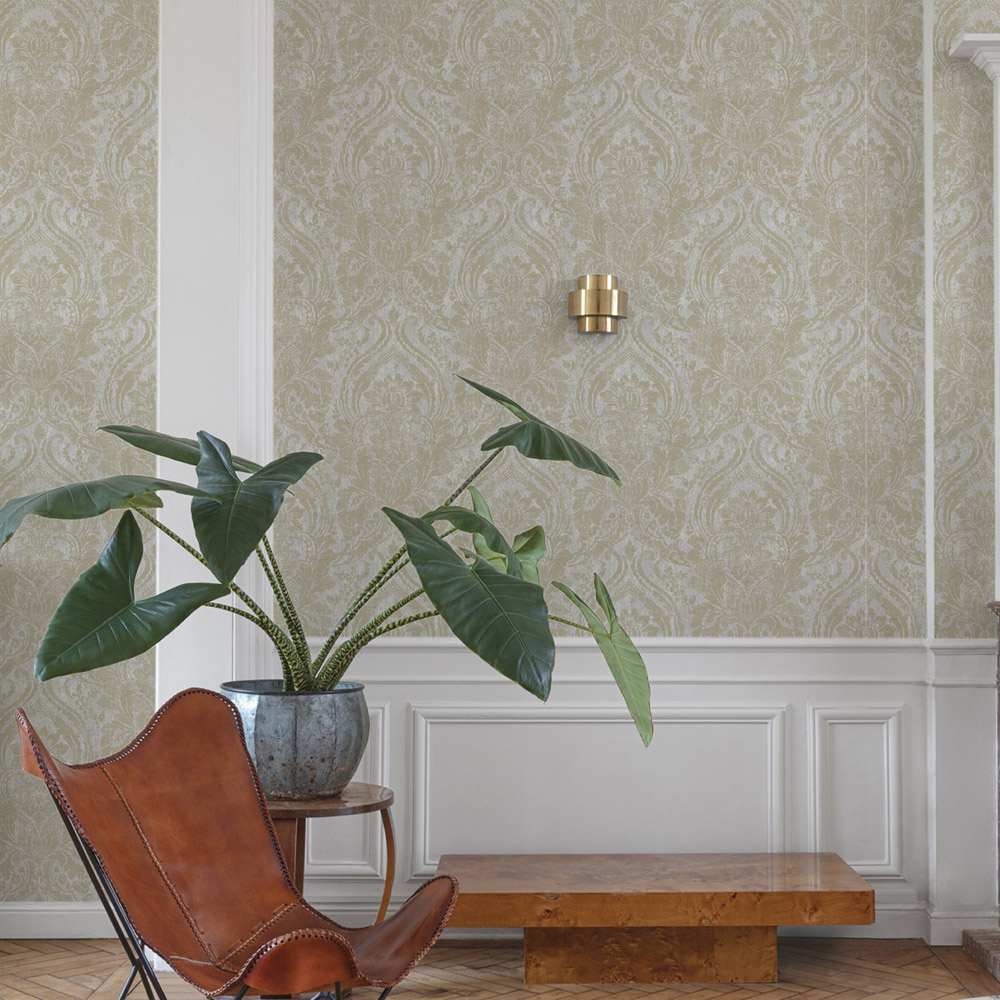 Grandeco Distressed Metallic Textured Damask Grey Wallpaper Image 2