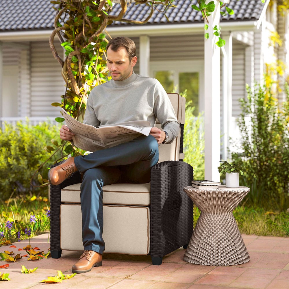 Outsunny Dark Brown and Khaki Rattan Garden Recliner Sun Lounger with Flip Table Image 3