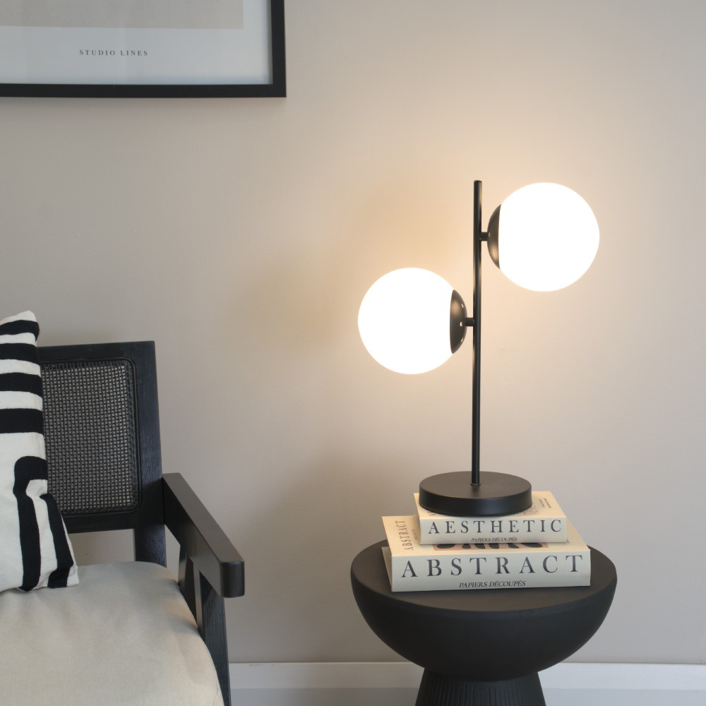 ValueLights Jas 2 Way Opal White Frosted Glass Globe Shade Black LED Table Lamp Image 2