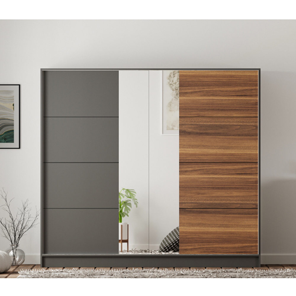 Evu MILANO XL Sliding Door Walnut and Anthracite Mirror Wardrobe Image 5
