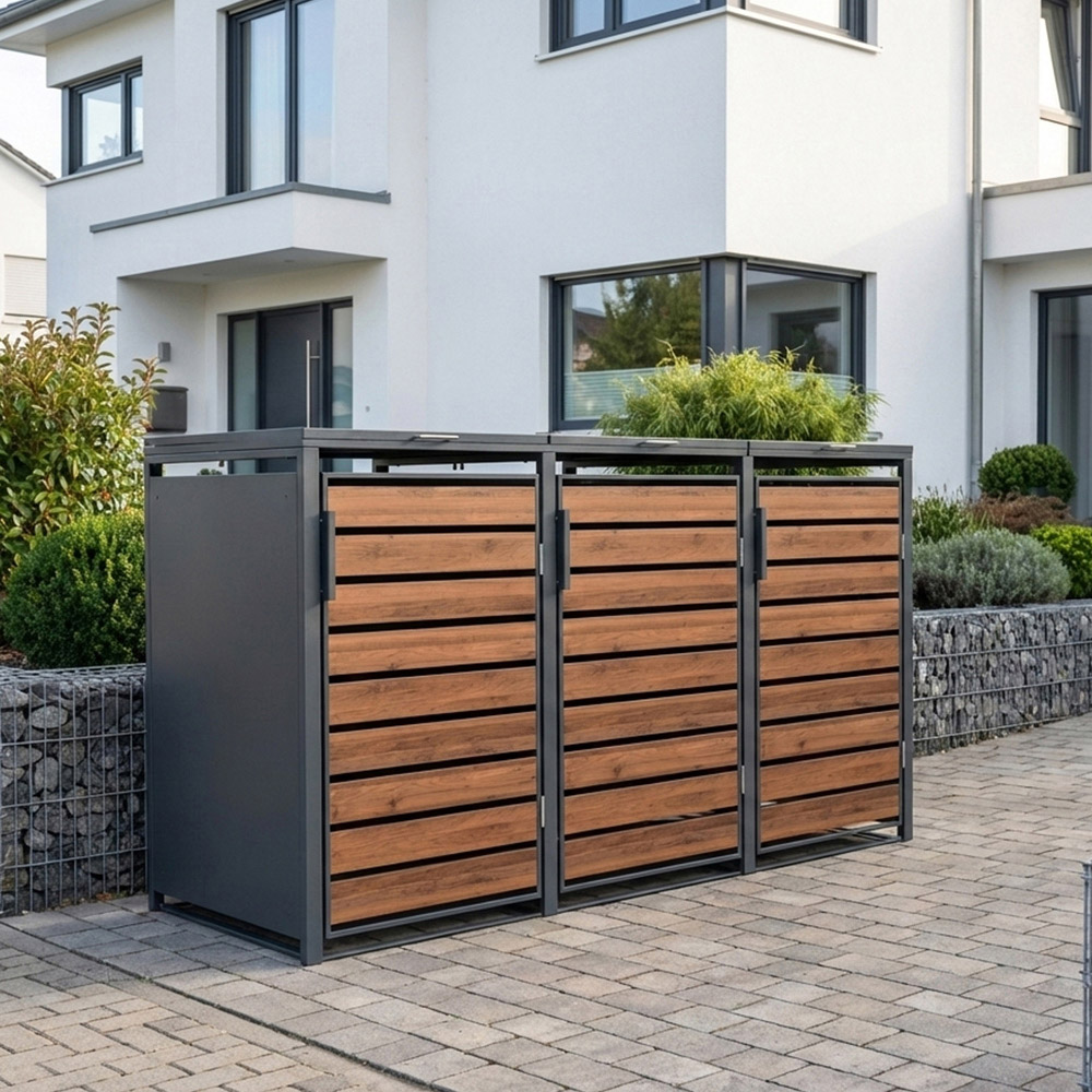 Trimetals 240L Triple Dark Wood Steel Wheelie Bin Storage Image 2