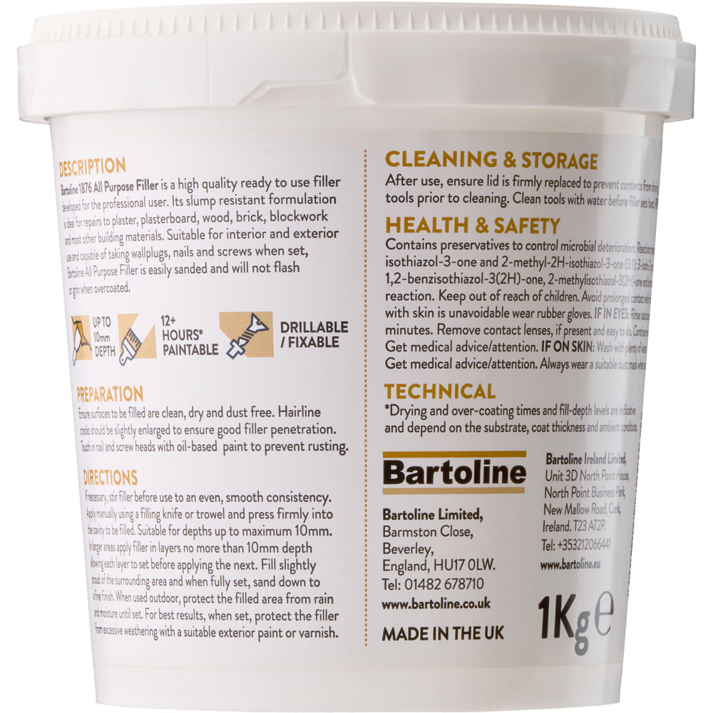 Bartoline 1876 All Purpose Ready Mixed Filler 1kg Image 2